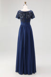Navy A-Line Boat Neck Appliques Long Mother Of The Bride Dress