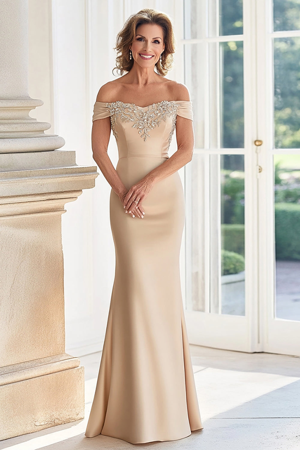 Wedtrend Women Champagne Mother of the Bride Dress with Appliques Off the Shoulder Sheath Satin Long Wedding Guest Dress WEDTREND Wedtrend Women Champagne Mother of the Bride Dress with Appliques Off the Shoulder Sheath Satin Long Wedding Guest Dress WEDTREND