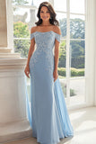Sky Blue Off the Shoulder Chiffon Sheath Mother of the Bride Dress with Embroidery
