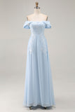 Sky Blue Off the Shoulder Chiffon Sheath Mother of the Bride Dress with Embroidery