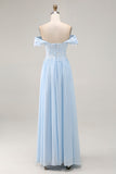 Sky Blue Off the Shoulder Chiffon Sheath Mother of the Bride Dress with Embroidery