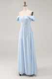 Sky Blue Off the Shoulder Chiffon Sheath Mother of the Bride Dress with Embroidery
