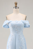 Sky Blue Off the Shoulder Chiffon Sheath Mother of the Bride Dress with Embroidery