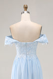 Sky Blue Off the Shoulder Chiffon Sheath Mother of the Bride Dress with Embroidery