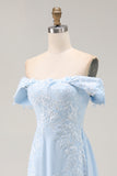 Sky Blue Off the Shoulder Chiffon Sheath Mother of the Bride Dress with Embroidery