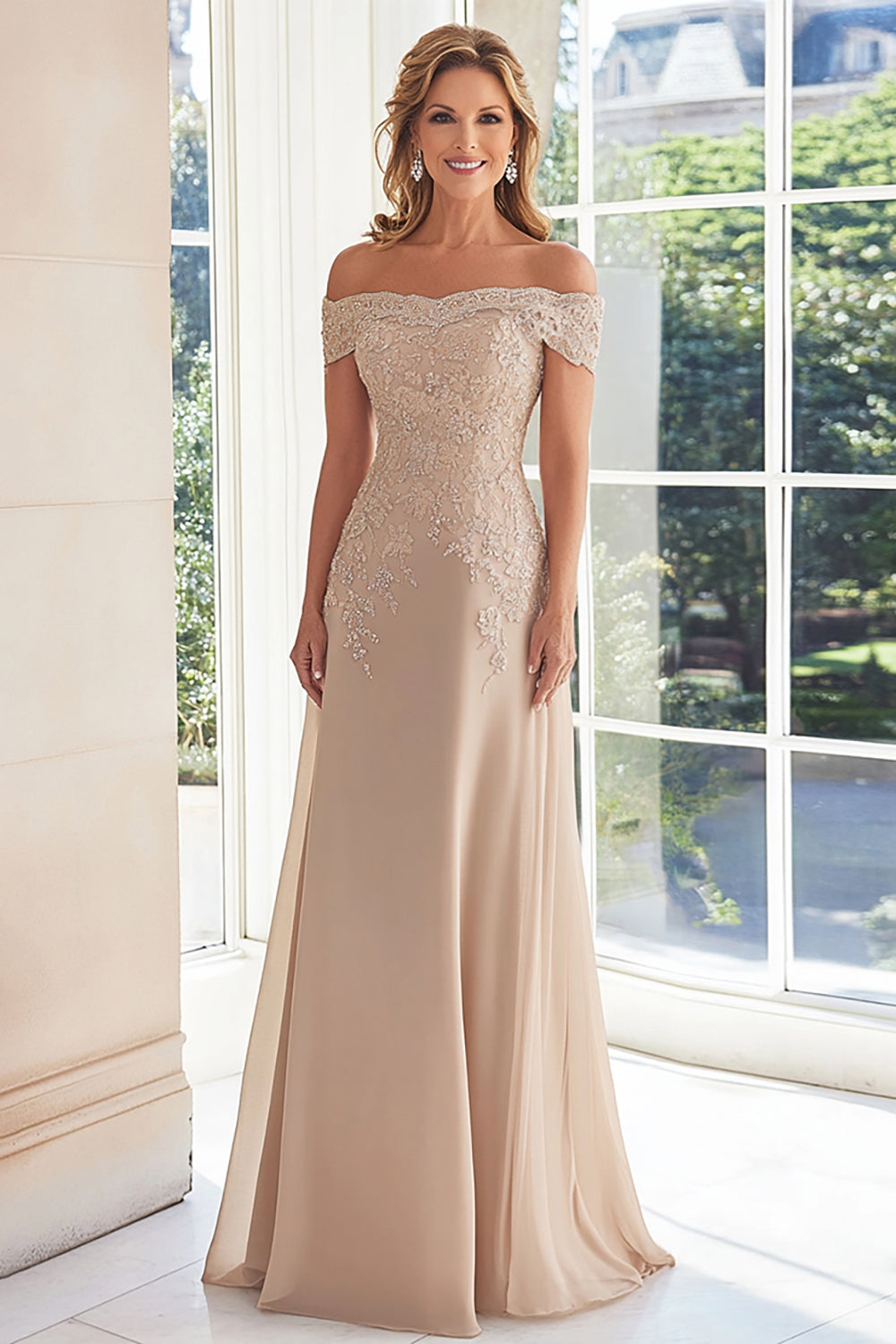 Wedtrend Women Taupe Mother of the Bride with Lace Appliques Off the Shoulder Chiffon Sheath Long Formal Dress WEDTREND Wedtrend Women Taupe Mother of the Bride with Lace Appliques Off the Shoulder Chiffon Sheath Long Formal Dress WEDTREND