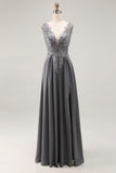 Charcoal A Line V-Neck Mother of the Bride Dress with Appliques