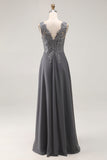 Charcoal A Line V-Neck Mother of the Bride Dress with Appliques
