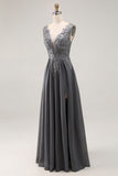 Charcoal A Line V-Neck Mother of the Bride Dress with Appliques