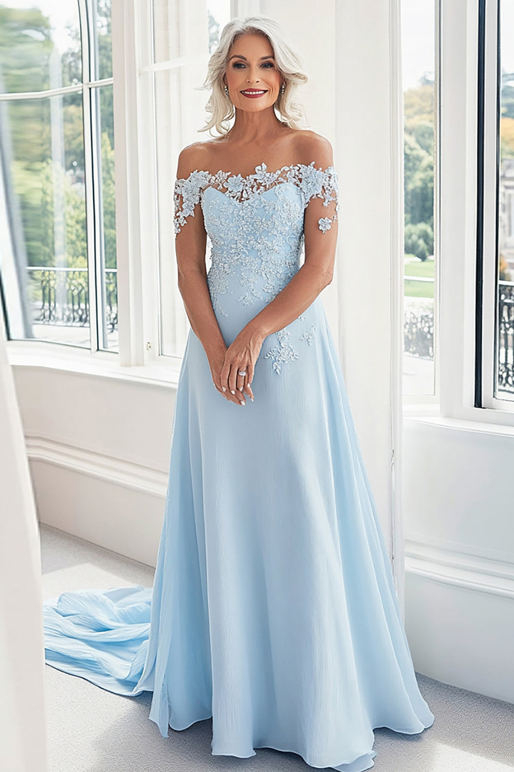 Wedtrend Women Sky Blue Mother of the Bride Dress with Lace Appliques A Line Off The Shoulder Formal Dress WEDTREND Wedtrend Women Sky Blue Mother of the Bride Dress with Lace Appliques A Line Off The Shoulder Formal Dress WEDTREND