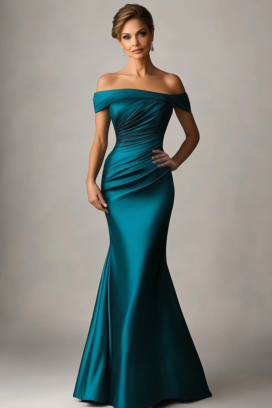 WEDTREND Women Peacock Blue Formal Dress Mermaid Off The Shoulder Ruched Satin Long Evening Dress