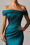 Peacock Blue Mermaid Off The Shoulder Ruched Long Formal Dress