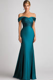 Peacock Blue Mermaid Off The Shoulder Satin Ruched Long Formal Dress
