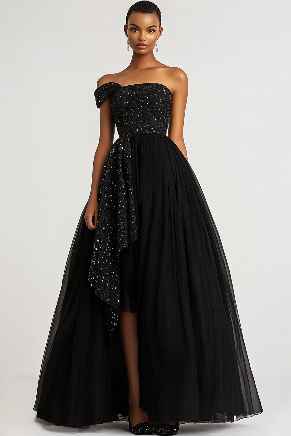 WEDTREND Women Black Formal Dress With Slit A Line One Shoulder Tulle Sequins Long Wedding Guest Dress WEDTREND Women Black Formal Dress With Slit A Line One Shoulder Tulle Sequins Long Wedding Guest Dress