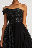 A Line Black One Shoulder Tulle Sequined Formal Dress