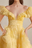 Yellow A Line Off The Shoulder Ruffled Prom Dress
