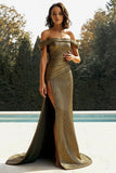 Metallic Gold Off The Shoulder Sheath Pleated Long Prom Dress with Slit