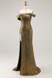 Metallic Gold Off The Shoulder Sheath Pleated Long Prom Dress with Slit