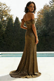 Metallic Gold Off The Shoulder Sheath Pleated Long Prom Dress with Slit