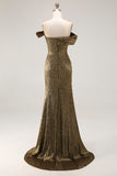 Metallic Gold Off The Shoulder Sheath Pleated Long Prom Dress with Slit