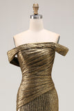 Metallic Gold Off The Shoulder Sheath Pleated Long Prom Dress with Slit