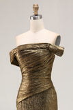 Metallic Gold Off The Shoulder Sheath Pleated Long Prom Dress with Slit