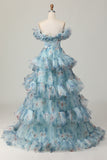 Blue A-Line Off The Shoulder Floral Tiered Long Prom Dress