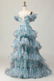 Blue A-Line Off The Shoulder Floral Tiered Long Prom Dress