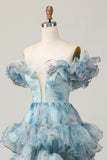 Blue A-Line Off The Shoulder Floral Tiered Long Prom Dress