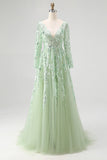 Dusty Sage A-Line V-Neck Applique Tulle Long Prom Dress with Long Sleeves