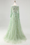 Dusty Sage A-Line V-Neck Applique Tulle Long Prom Dress with Long Sleeves