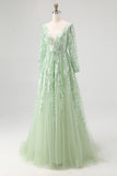 Dusty Sage A-Line V-Neck Applique Tulle Long Prom Dress with Long Sleeves
