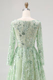 Dusty Sage A-Line V-Neck Applique Tulle Long Prom Dress with Long Sleeves