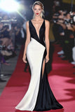 Black and White Mermaid Ruched V-Neck Long Gala Dress with Slit