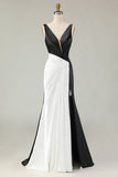 Black and White Mermaid Ruched V-Neck Long Gala Dress with Slit