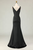 Black and White Mermaid Ruched V-Neck Long Gala Dress with Slit