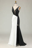 Black and White Mermaid Ruched V-Neck Long Gala Dress with Slit