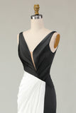 Black and White Mermaid Ruched V-Neck Long Gala Dress with Slit