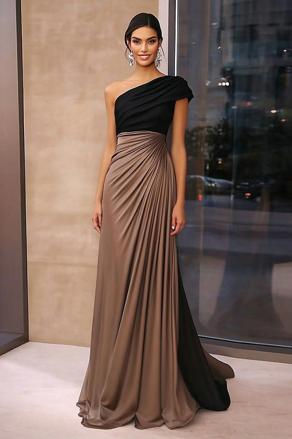 Wedtrend Women Brown Crepe Gala Dress Ruched One Shoulder Sheath Long Formal Dress WEDTREND Wedtrend Women Brown Crepe Gala Dress Ruched One Shoulder Sheath Long Formal Dress WEDTREND