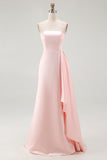 Pink Strapless Sheath Satin Formal Dress with Ruffles