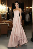 Pink Strapless Sheath Satin Formal Dress with Ruffles