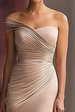Light Khaki Sheath One Shoulder Pleated Gala Dress