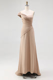 Light Khaki Sheath One Shoulder Pleated Long Formal Dress
