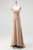 Light Khaki Sheath One Shoulder Pleated Long Formal Dress