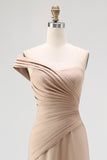 Light Khaki Sheath One Shoulder Pleated Long Formal Dress