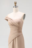 Light Khaki Sheath One Shoulder Pleated Long Formal Dress