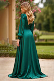 Dark Green A Line V Neck Satin Long Prom Dress with Long Sleeves