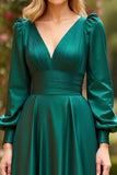 Dark Green A Line V Neck Satin Long Prom Dress with Long Sleeves