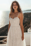 White Spaghetti Straps A Line Wedding Dress With Appliques