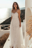 White Spaghetti Straps A Line Wedding Dress With Appliques